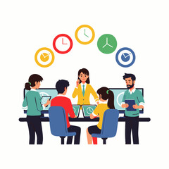 A diverse team of professionals collaborates efficiently in a modern office environment, effectively managing their time to achieve project goals and optimize productivity.