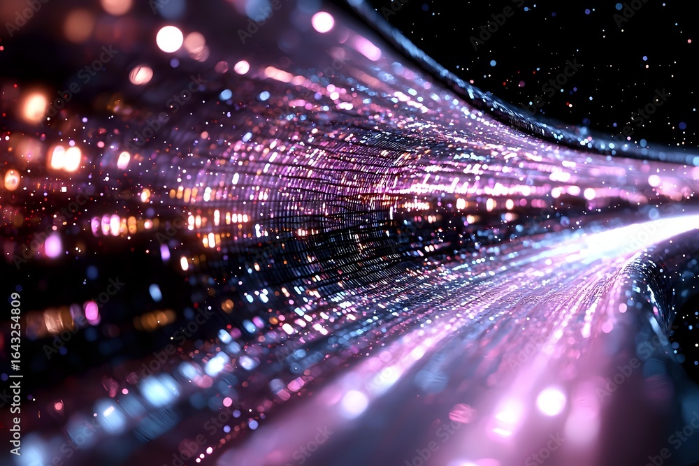 Poster abstract pink and purple light trails with bokeh effect and glowing particles creating dynamic motio