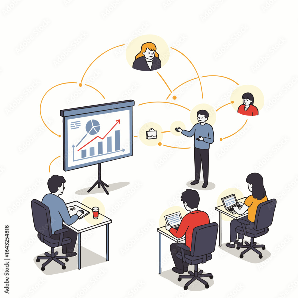 Poster this clean isometric design captures a team of professionals in a dynamic business meeting, collabor