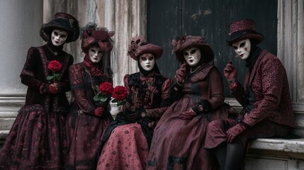 Mysterious masquerade gathering historic venue portrait photography gloomy atmosphere close-up view cultural heritage