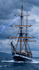 Majestic tall ship sailing through stormy seas under dramatic lightning skies