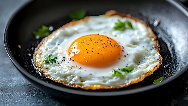 Sunny side up fried egg with crispy edges in black cast iron pan, garnished with fresh herbs and black pepper, macro food photography on dark background.