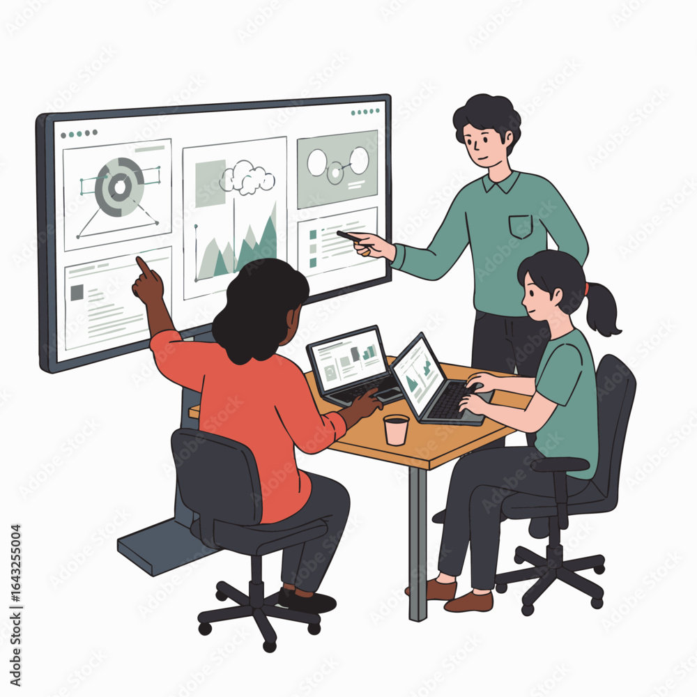 Poster diverse professionals actively collaborate on a strategic data analysis project, utilizing laptops a