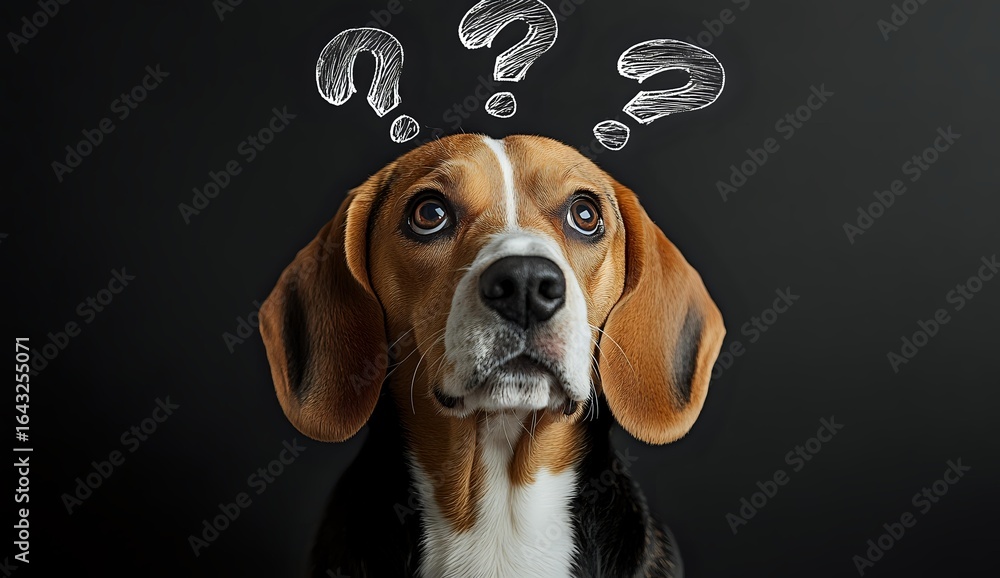 Poster curious beagle dog with question marks floating above head against dark background shows confused, p