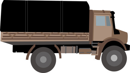 A flat vector illustration of a brown military cargo truck with a black covered back and rugged design