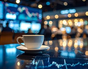 A cup of coffee in a modern financial center