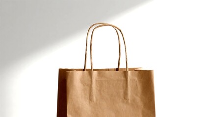 Brown paper shopping bag with handles isolated on white background with shadow