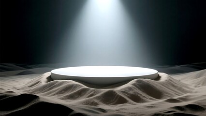 White podium stage illuminated by spotlight on sand dune for product display