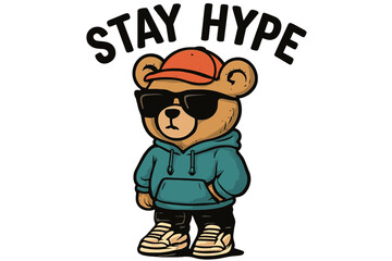 Cartoon bear wearing sunglasses and a hoodie promotes a fun and stylish attitude in urban fashion