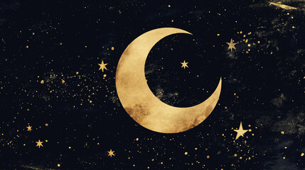 Fototapeta premium Golden crescent moon and stars on a dark textured background with scattered gold specks and celestial feel