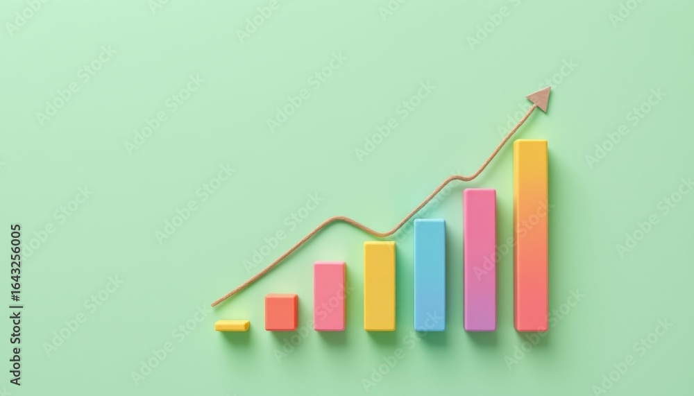 Poster colorful bar chart graph with ascending line and arrow indicating growth on green background