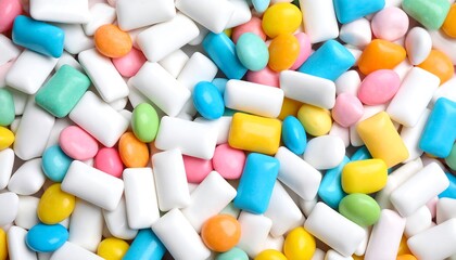 A colorful medley of assorted chewing gum pieces offers a sugary delightful treat texture