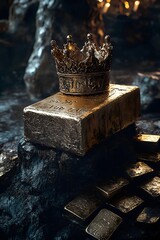 Antique royal crown placed on gold bullion bars against dark background, dramatic lighting highlights ornate metalwork details and precious metals.