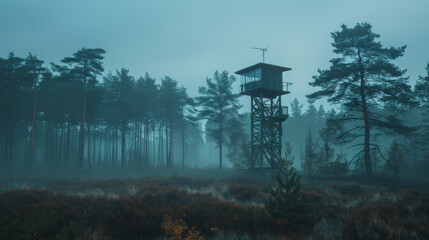Misty forest with a tall observation tower at dusk