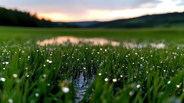 Raindrops glistening on fresh green grass blades at sunset, with water reflections and mountain silhouettes creating serene natural landscape.