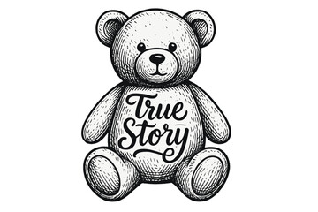 Obraz premium Cute teddy bear illustration with text that reads True Story, perfect for children?s room decor or playful design projects