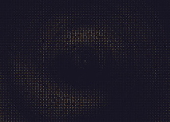 Abstract gold halftone circles luxury pattern consists of different dots isolated on dark background. Geometric shape elements for presentation design, gift card or greetings