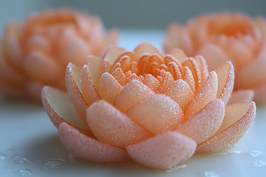 Delicate peach-colored lotus flower with water droplets on petals creates serene atmosphere against soft blue background, macro photography shows intricate details.