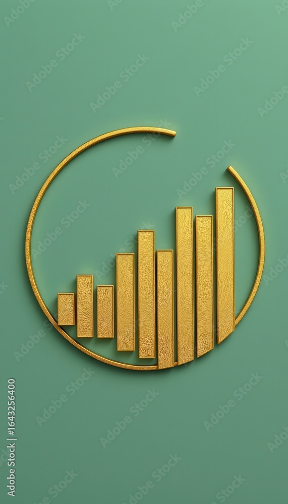 Poster golden bar chart graphic with upward trend enclosed in a partial circle on a plain background