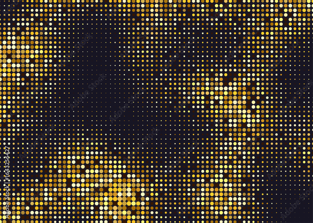 Poster abstract gold halftone circles luxury pattern consists of different dots isolated on dark background