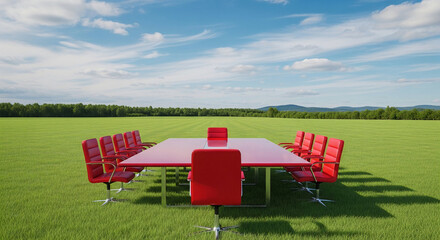 A red conference table and chairs sitting on a green field under a blue sky with white clouds