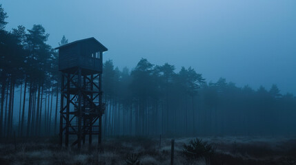 Wooden hunting blind stands tall in a misty blue forest at dawn or dusk