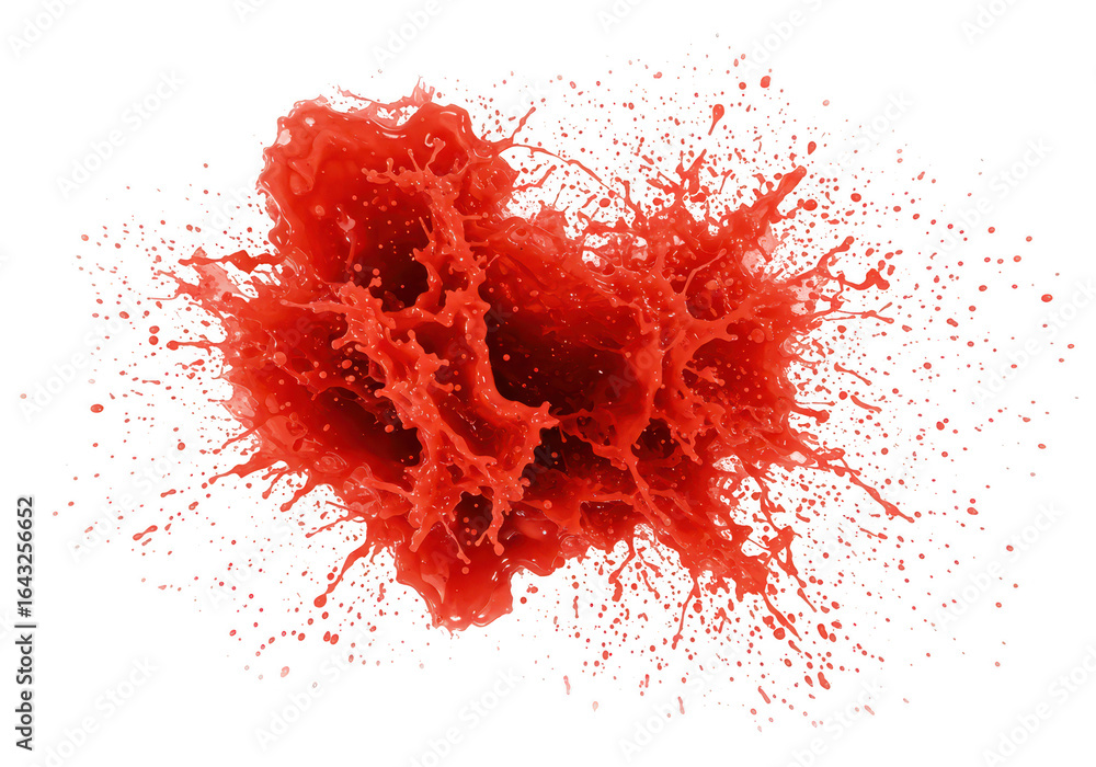 Poster vibrant red liquid splash in a dynamic explosion of droplets and fluid shapes isolated on transparen