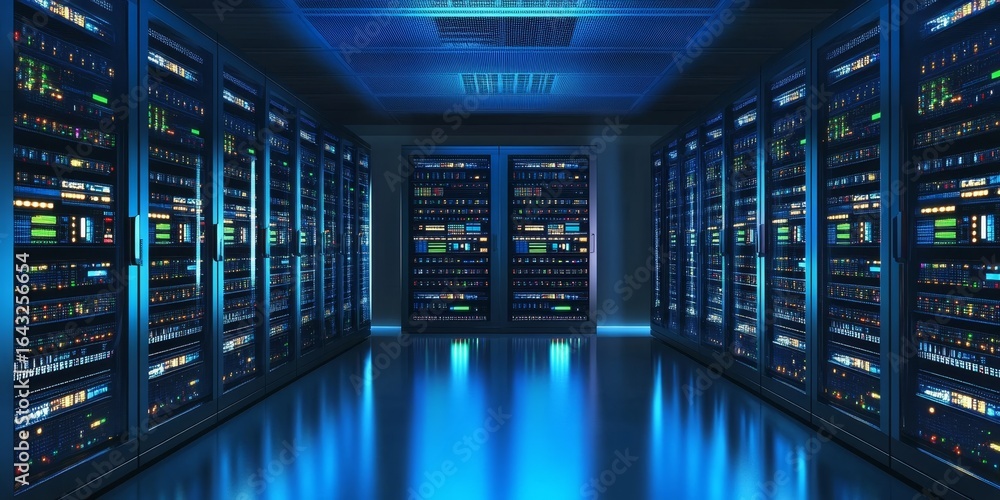 Poster modern server room interior featuring advanced data center servers and high-tech computer networks