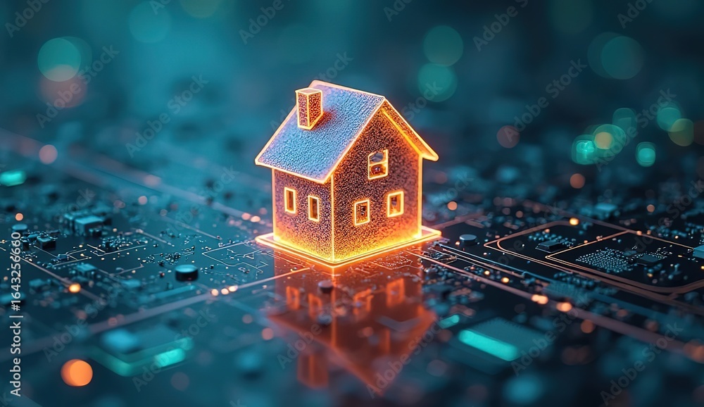 Poster electronic circuit board with processor resembling a 3d home model, a symbol of smart housing archit