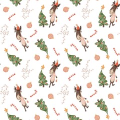 Watercolor seamless Christmas pattern with cute reindeer, Christmas tree, candy cane, bauble and festive lights on white background