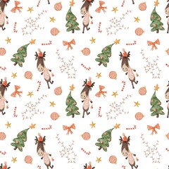 Watercolor seamless Christmas pattern with cute reindeer, Christmas tree, bow, candy cane, bauble and festive lights on white background