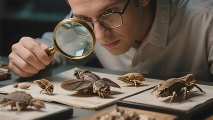 Scientist examining insect specimens with a magnifying glass in a laboratory setting