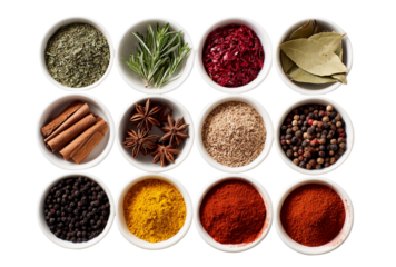 A collection of various spices and herbs in small bowls, isolated on transparent background
