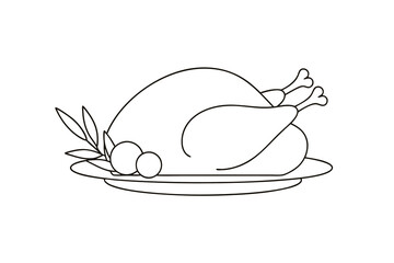 Minimalist single line drawing a roasted turkey a platter with garnish food