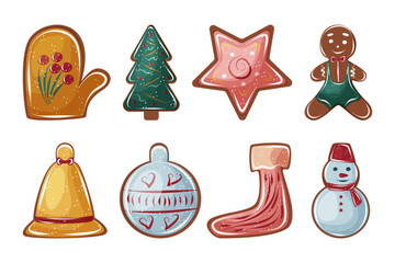 Set of Christmas gingerbread cookies. Isolated vector snowman, Christmas tree, gingerbread man, star and festive decorations for design and decor. Illustration for bakery, candy shop.