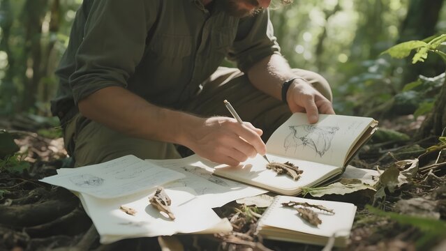 A man sketches and notes observations of natural elements in a forest setting.