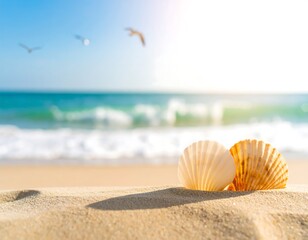 Obraz premium Seashells on sandy beach, ocean background