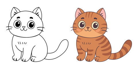 Cute cartoon cat illustration with large eyes and playful pose for kids coloring and learning.