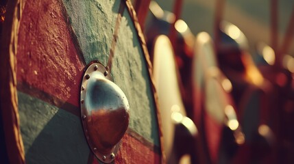 Viking shields display historical exhibit art installation museum close-up view cultural heritage