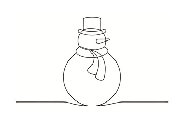 Minimalist single line drawing a snowman wearing a hat scarf winter