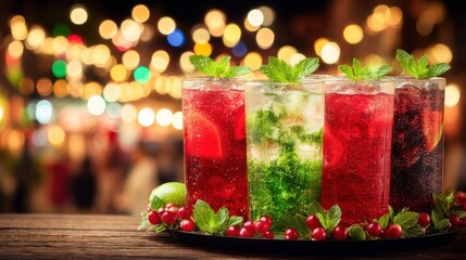 Refreshing summer drinks display festive outdoor market beverage photography vibrant evening atmosphere close-up view celebration theme