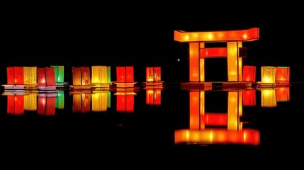 Illuminated lantern festival at a japanese torii gate water reflection nighttime cultural celebration