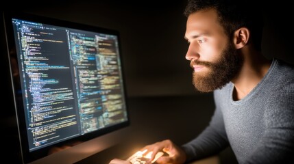 Coding in action software development workspace home office digital art dark environment close-up view innovation
