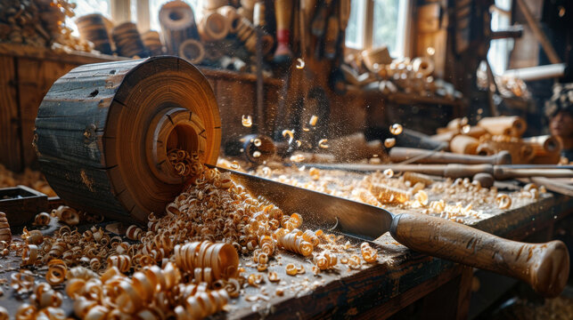 Wood shavings flying from a lathe as a craftsman turns wood in a workshop - Powered by Adobe