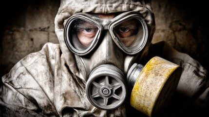 Survival action in toxic environment masked figure abandoned location dramatic portrait dark mood focus on resilience