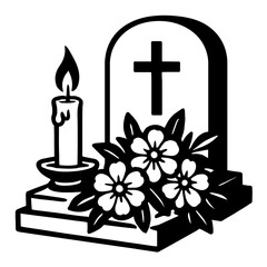 Solemn Vector Illustration of a Gravestone with Burning Candle and Flowers – Symbolizing Remembrance and Grief