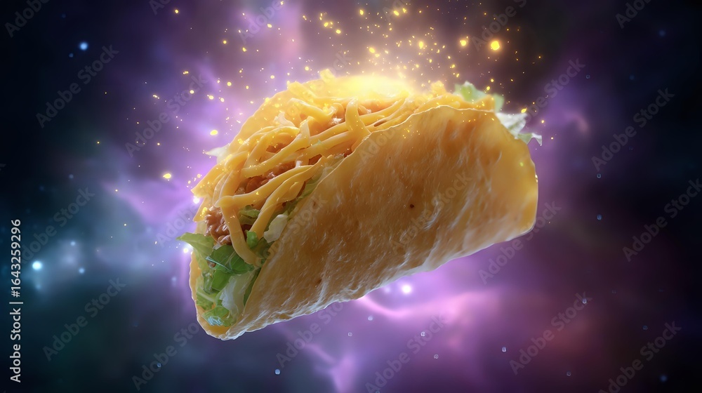 Poster glowing taco floating in cosmic space with magical sparkles and nebula background, crispy shell fill