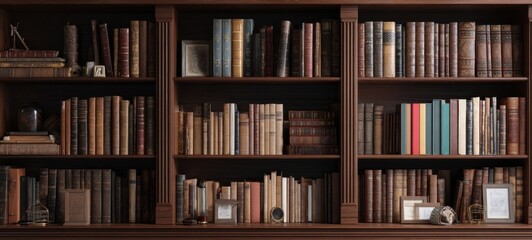 The timeless elegance of a classic wooden bookshelf filled with vintage books.