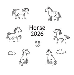 Horses in different poses for 2026 illustration. Doodle style. Cute hand drawn horses. Vector illustration on white background. Vector