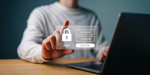 Secure Login - A man's hand touching a glowing padlock icon, with a login form for a username and password, symbolizing online security and data protection